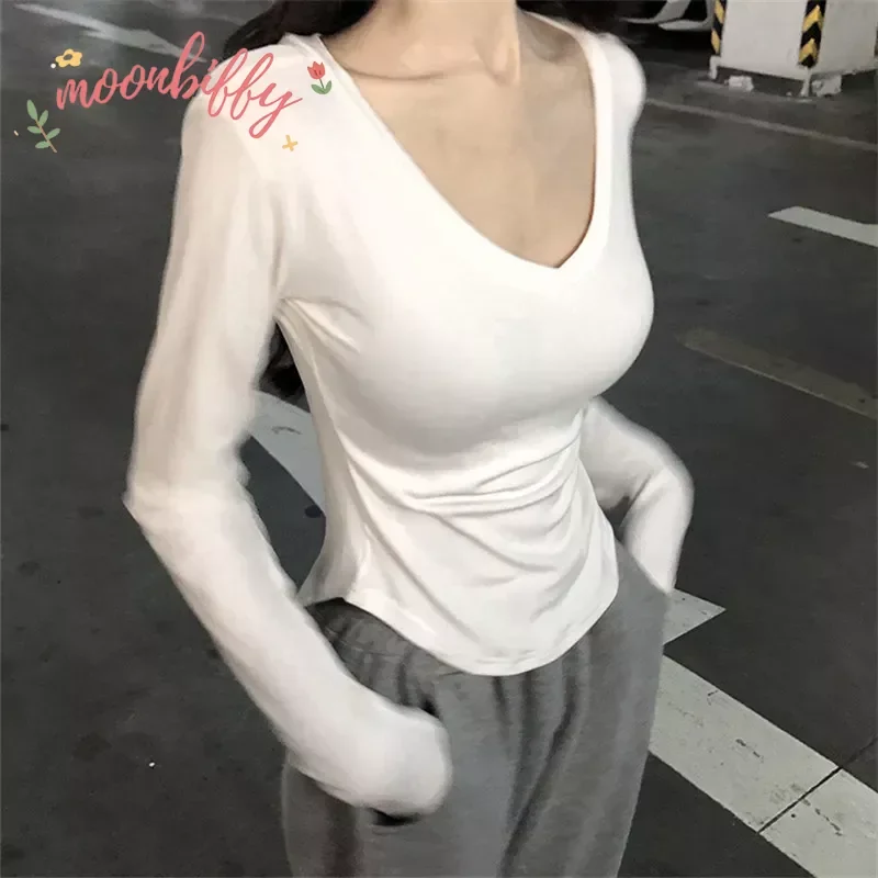 Top Trends: Sexy V-Neck Solid T-Shirt Women Tops Spring Autumn Long Sleeve Thin Tshirt Elasticity Tee Shirt Femme Shoppable Styles