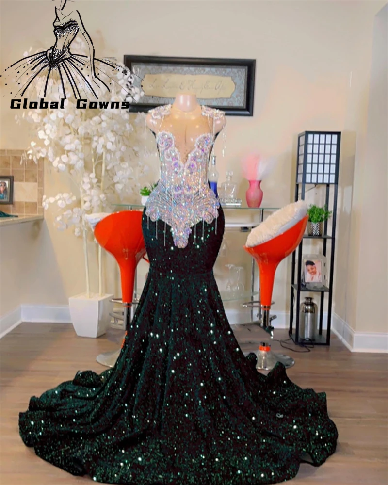 Top Trends: Emerald Green Sheer O Neck Long Prom Gowns For Black Girls Beaded Crystal Diamond Birthday Party Dresses Sequined Evening Dress Shoppable Styles