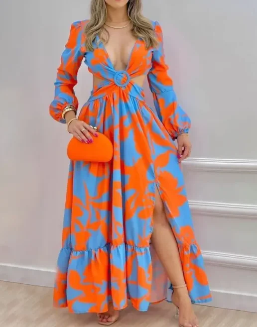 Top Trends: 2022 Spring Women Long Sleeved Cutout V-Neck Twist Summer Elegant Tie Dyed Floral Printed Lantern Sleeve Split Thigh Maxi Dress Shoppable Styles