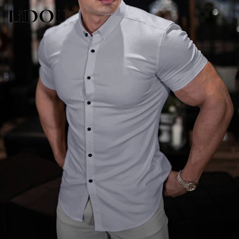 Top Trends: Fashion Gym Muscle Polo Neck Short Sleeve Shirts Men Elasticity Thin Solid Sport Casual Cardigan Business Shirts Male Blouses Shoppable Styles