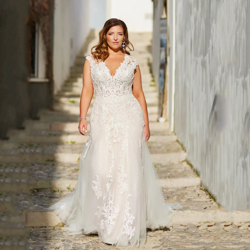 Top Trends: Exquisite Wedding Dresses Plus Size Tulle With Lace Applique V-Neck Backless Bride Gowns Cap Sleeves Mermaid Vestido De Noiva Shoppable Styles