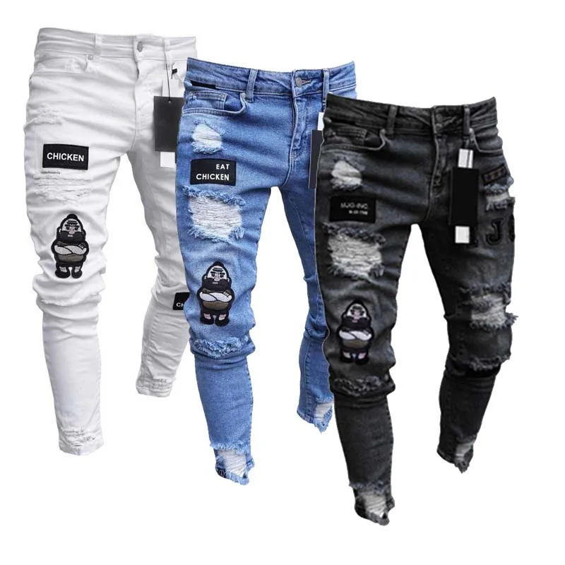 Top Trends: White Embroidery Jeans Men Cotton Stretchy Ripped Skinny Jeans High Quality Hip Hop Black Hole Slim Fit Oversize Denim Pants Shoppable Styles