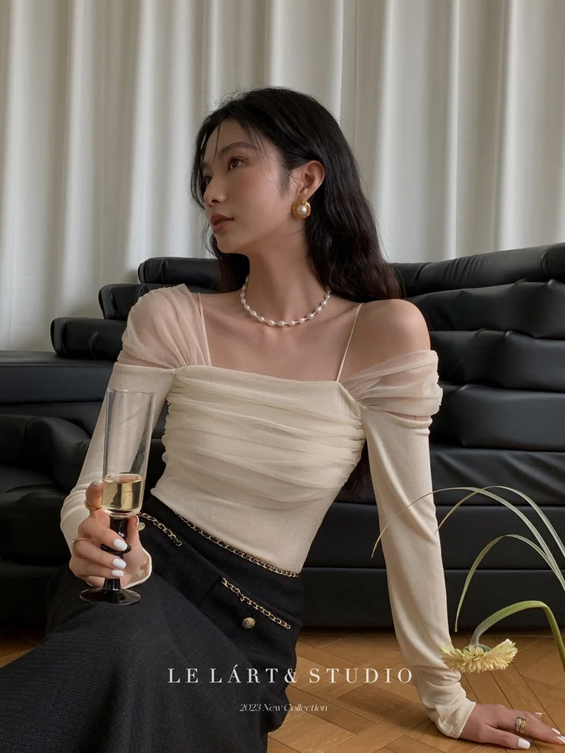 Top Trends: Spring French Pure Desire To Splice Mesh Yarn One-line Shoulder Clothes Women's Suspender Slim Slim Off-the-shoulder Small Shirt Shoppable Styles - Image 3