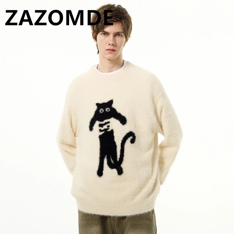 Top Trends: ZAZOMDE Japanese High Street Oversized Pullovers Man O-neck Casual Cartoon Cat Jumper Winter Clothes Knitwear Fashion Sweaters Shoppable Styles