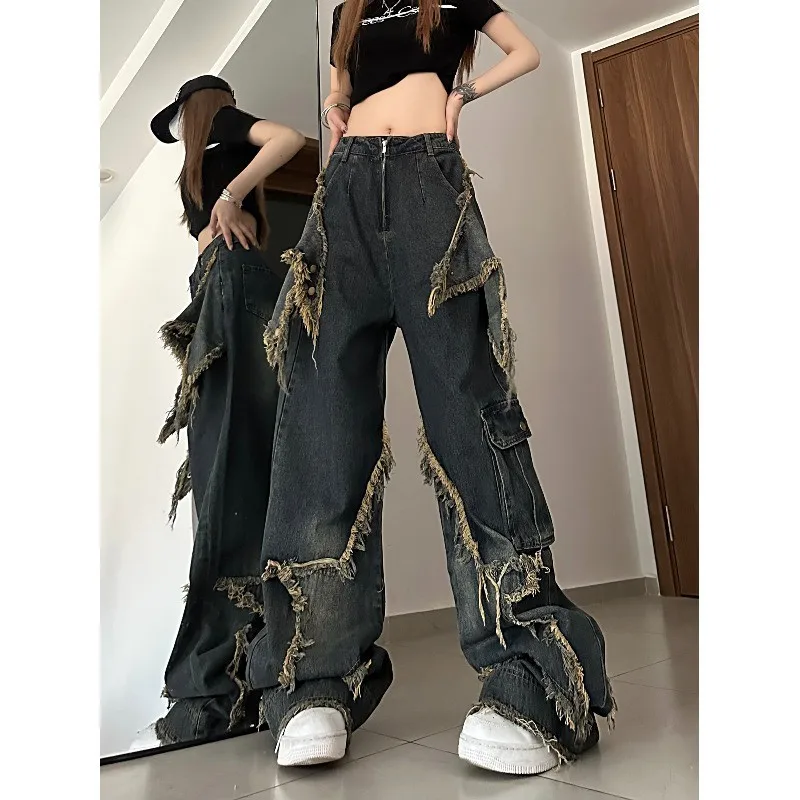 Top Trends: JUYABEI American Style Retro High Street Jeans Women Loose Wide Leg Pants Trendy Punk Casual Baggy Star Tassel Trousers Y2K Shoppable Styles