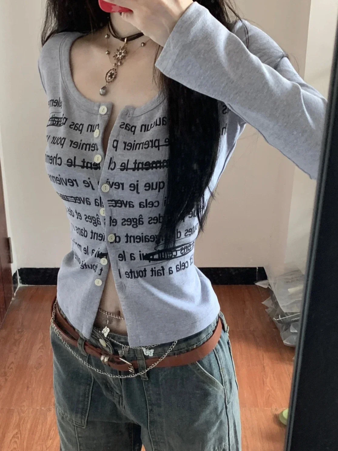 Top Trends: Deeptown Korean Style Vintage Gray Crop T Shirts Women Streetwear Letter Print Casual Tops Mujer Slim Long Sleeve Tees Autumn Shoppable Styles