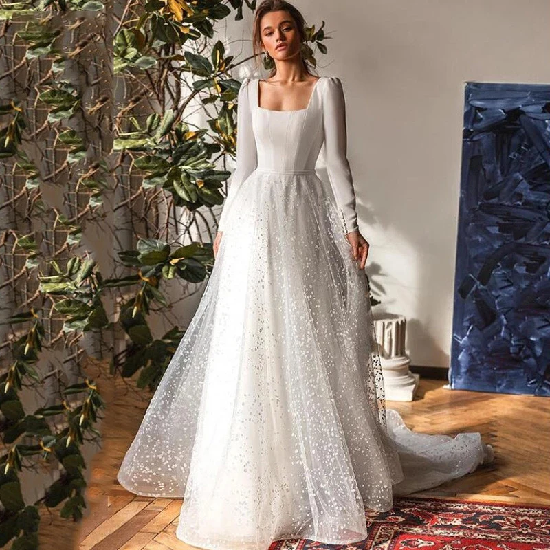 Top Trends: JEHETH Boheme Wedding Dress Tulle Long Sleeve Square Neck Bride Gowns Sexy Backless A-line Formal Occasion Vestido De Novia Shoppable Styles