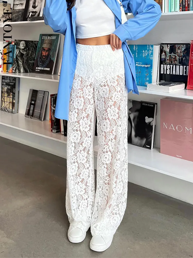 Top Trends: Fantoye Sexy See Through Lace Women Pant White Hollow Out High Waist Two Piece Sets Female Summer Casual Outside Streetwear 2023 Shoppable Styles