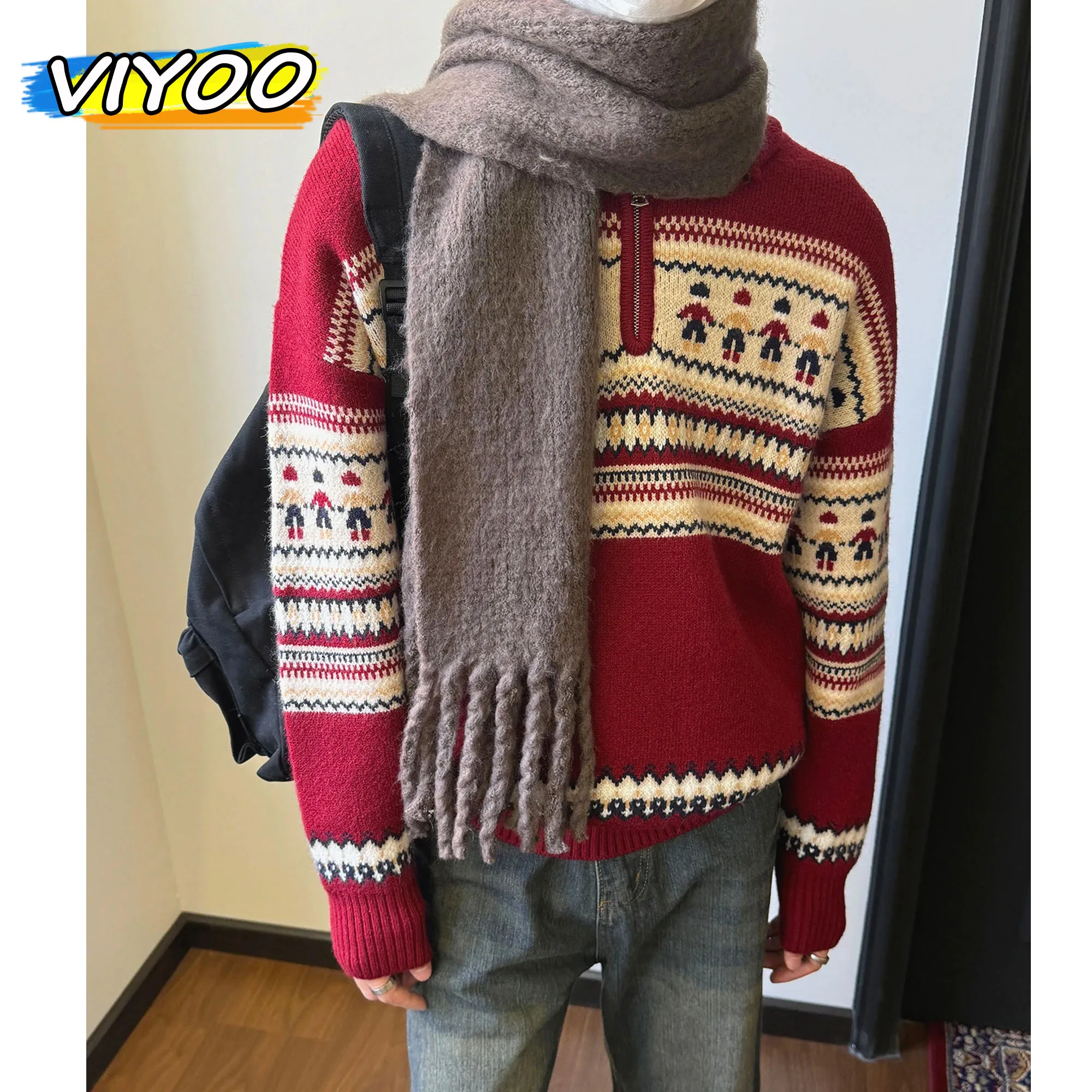 Top Trends: Japan Women's Men's Red Brown Zip Christmas Y2K Knitwear Pullovers Sweatshirts Striped Turtleneck Sweater Jumper Korean Style Shoppable Styles