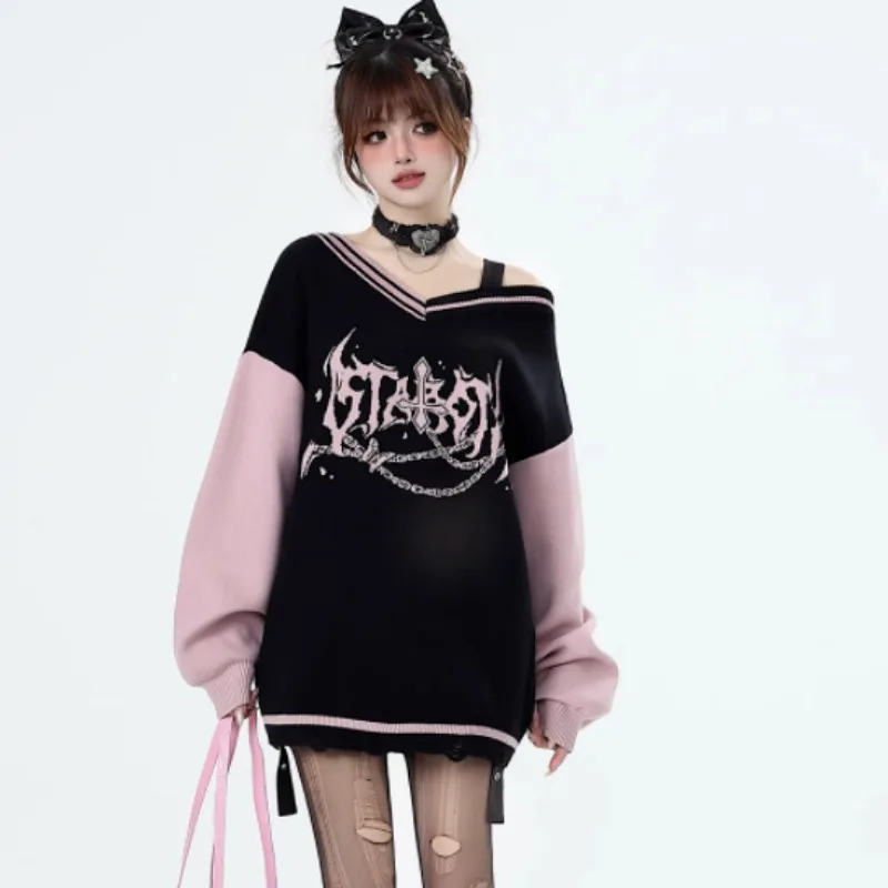 Top Trends: American Niche Trend Crazygirl Original Millennium Sweet Cool Black Pink V-neck Niche Autumn And Winter Long And Short Sweater Shoppable Styles