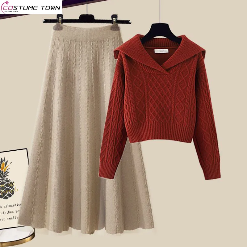 Top Trends: Large Women&#039;s Autumn And Winter Set 2023 New Korean Fashion Knitted Sweater Slim Half Skirt Two Piece Set Fashion Shoppable Styles