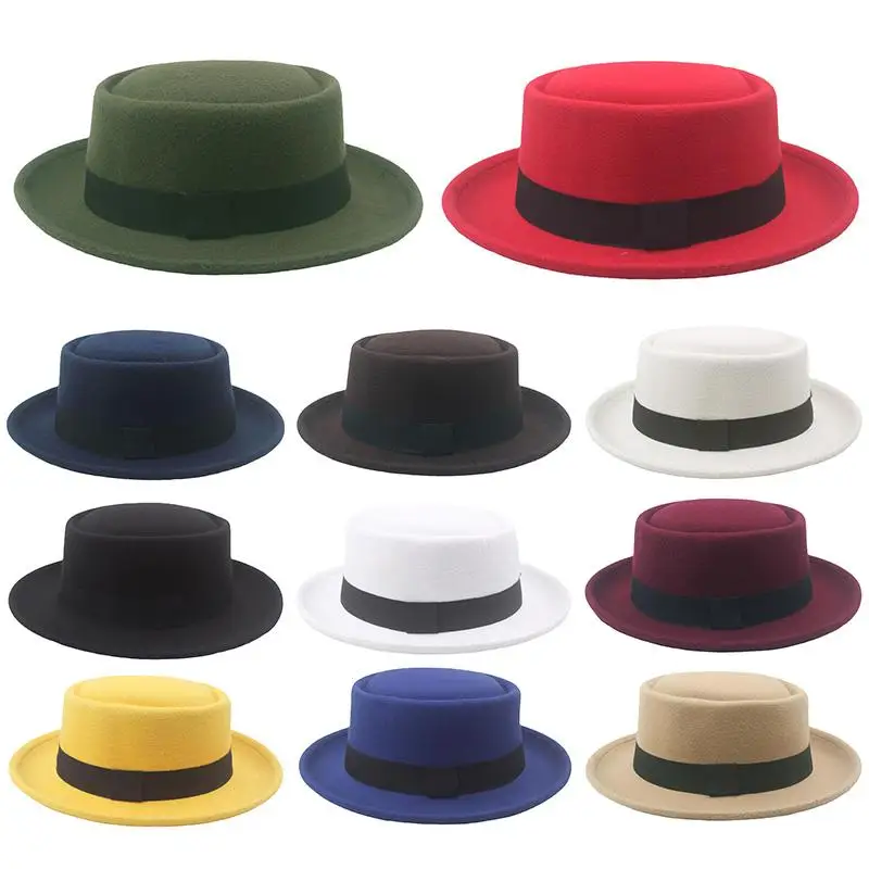 Top Trends: Flat Top Fedoras Jazz Hats For Women Men Solid Color Imitation Woolen Jazz Cap British Style Wide Brim Ladies Bowler Hats Fedora Shoppable Styles