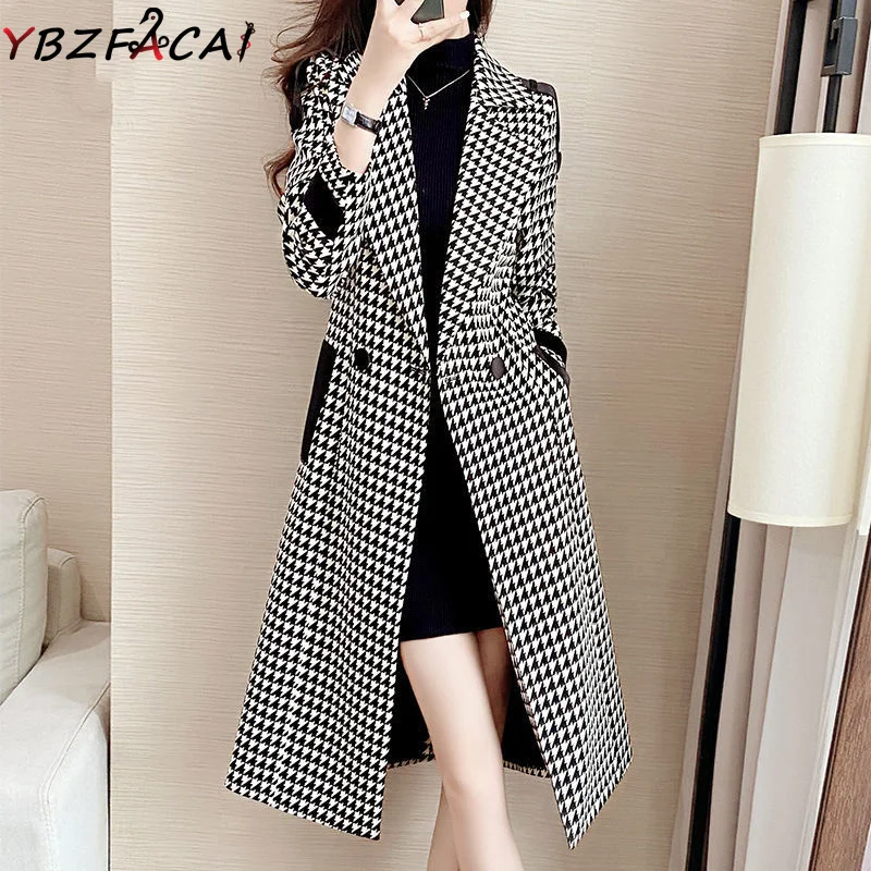 Top Trends: Houndstooth Woolen Coat Women Midi Fall And Winter 2022 Korean Slim Black And White Plaid Coat British Style Luxury Tweed Jacket Shoppable Styles