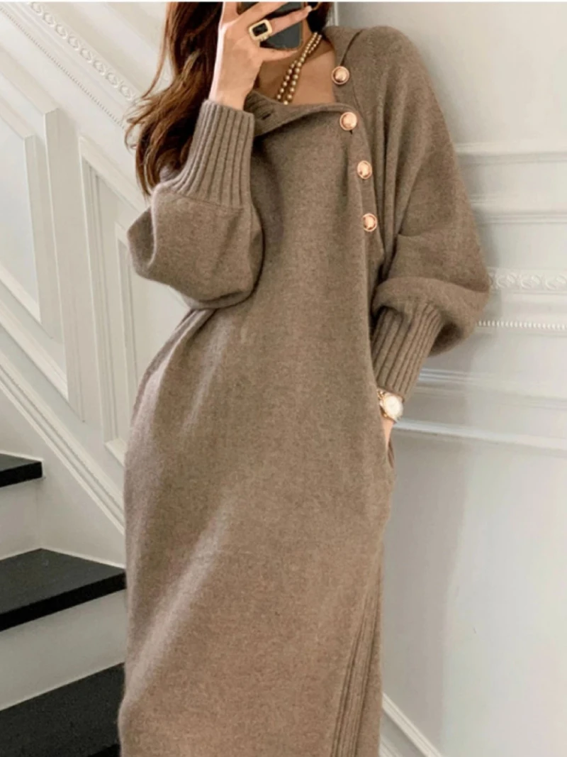 Top Trends: Vintage Turtleneck Buttons Long Sleeve Long Dresses Winter Fashion Casual Loose Knitwear Warm Women Knitted Dress Black Apricot Shoppable Styles