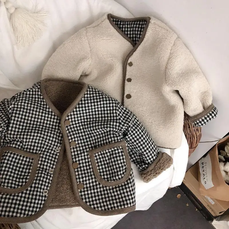 Top Trends: Children Plush Coat Plaid Autumn And Winter New Warm Coat Children On Both Sides Wear Boys And Girls Coat Children&#039;s Clothing Shoppable Styles