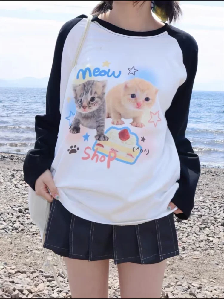 Top Trends: ADAgirl Kawaii Cat Print T-shirts Women Japan Style Kitten Long Sleeve Cutecore Tops E-girl T-Shirt For Teen Girl Pullover Alt Shoppable Styles