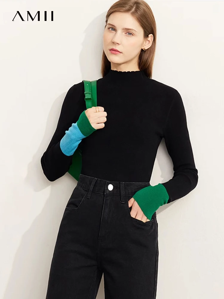 Top Trends: AMII Minimalist 2023 Winter New Sweaters For Women Office Lady Basics Half High Collar Color Contrast Slim Pullovers 12324067 Shoppable Styles