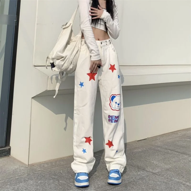 Top Trends: Streetwear Fashion Women Kawaii Jeans Spring Autumn New High Street Star Little Bear Casual High Waist All-match Loose Trousers Shoppable Styles - Image 4