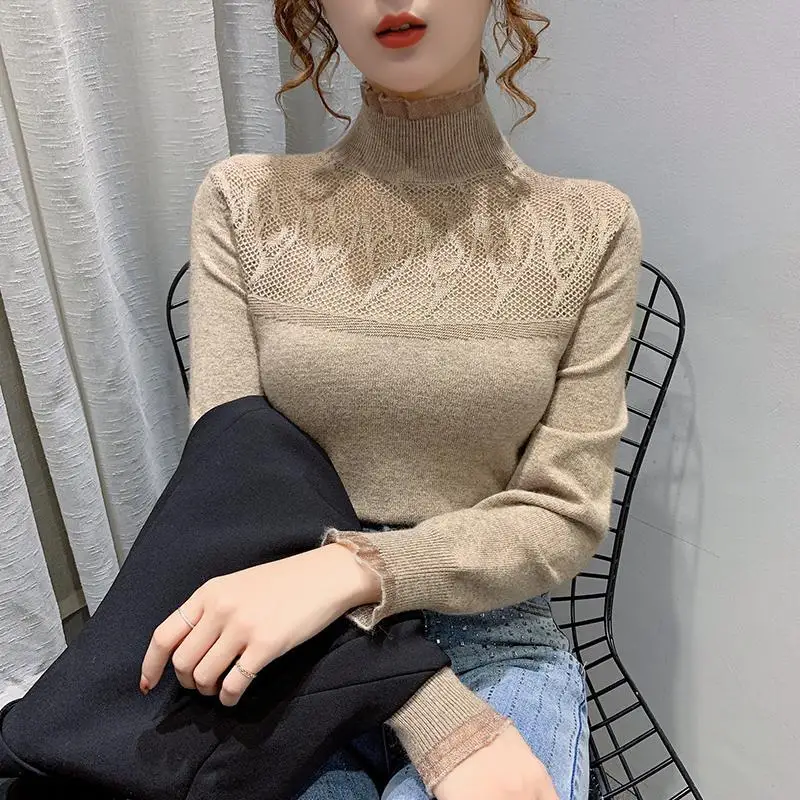 Top Trends: Autumn And Winter Women's Pullover Half High Collar Lace Hollow Out Solid Fashion Casual Elegant Commuter Long Sleeve Sweater Shoppable Styles