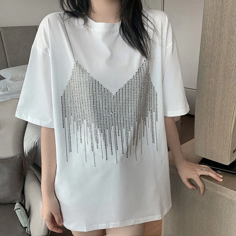 Top Trends: 4XL Plus Size Summer Diamond Short Sleeve Loose T Shirt For Women Casual Streetwera T-shirt Lady Chic Camisole Pattern Tee Top Shoppable Styles - Image 3