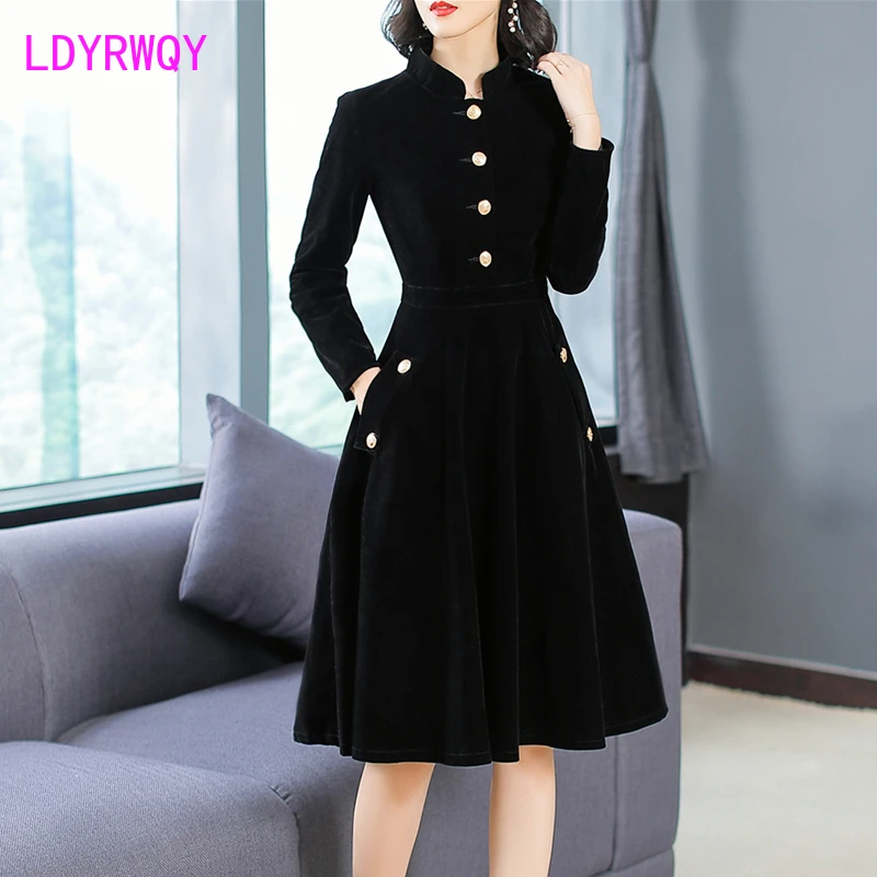 Top Trends: Autumn And Winter New Women&#039;s European And American Hepburn Style Black Thin Vintage Button Collar Velvet Dress Shoppable Styles