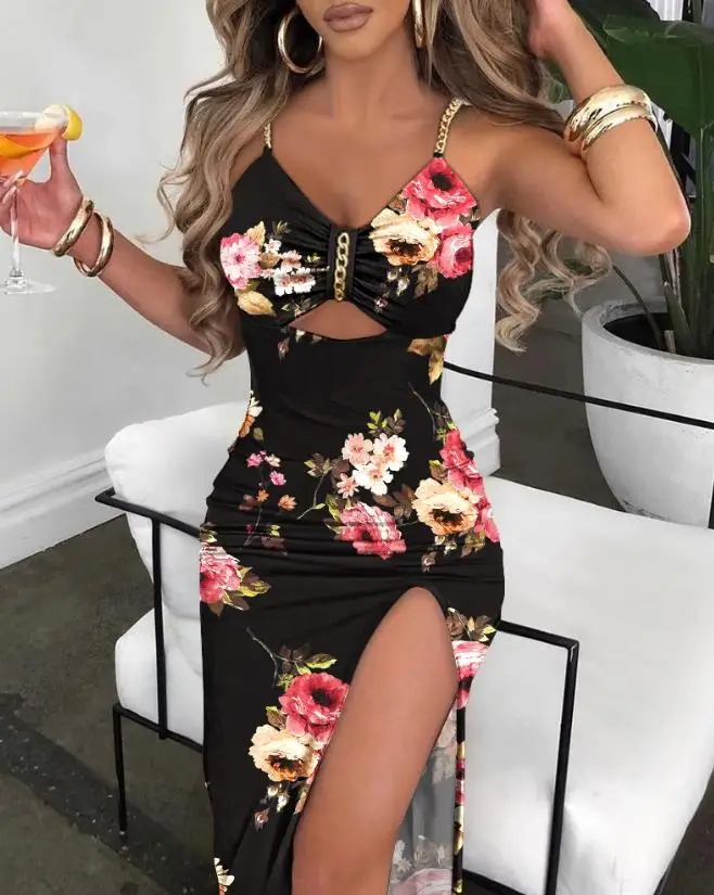 Top Trends: Sexy Floral Print High Slit Bodycon Dress Summer 2023 Daily Fashion Sleeveless Chain Decor Cutout Maxi Skinny Party Dresses Shoppable Styles