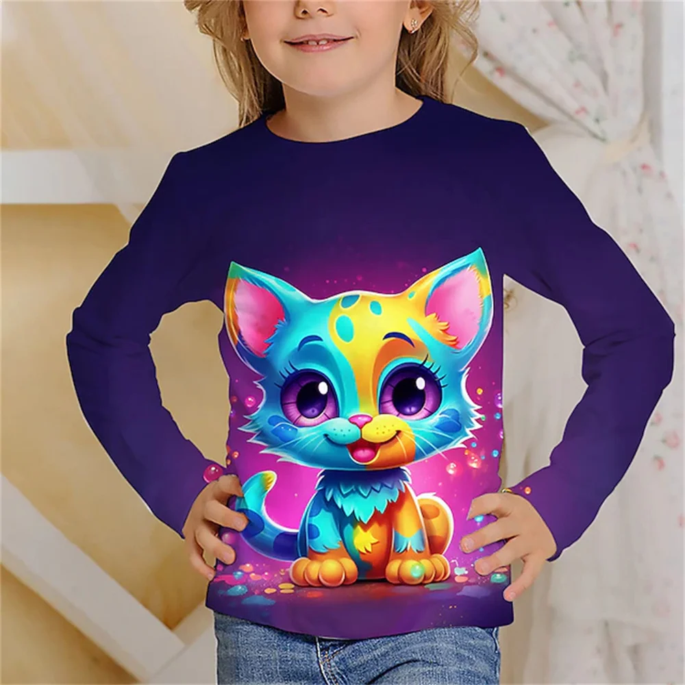 Top Trends: Girls Clothes For Kid Long Sleeve T-Shirt Children From 9 To 12 Years Cute Cartoon Cat Animal Printed Polyester Tee Shirt Autumn Shoppable Styles