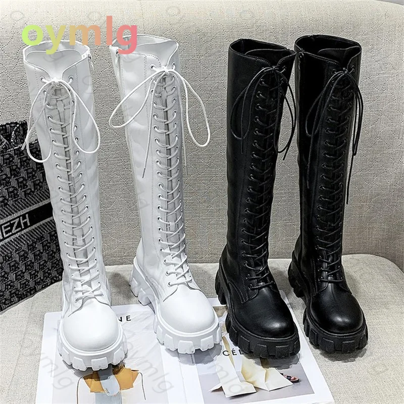 Top Trends: Winter Long Boot Shoes Women White Lace Up Zip Height Increasing Pu Leather Shoes Plush Botas Mujer Winter Boots Shoppable Styles