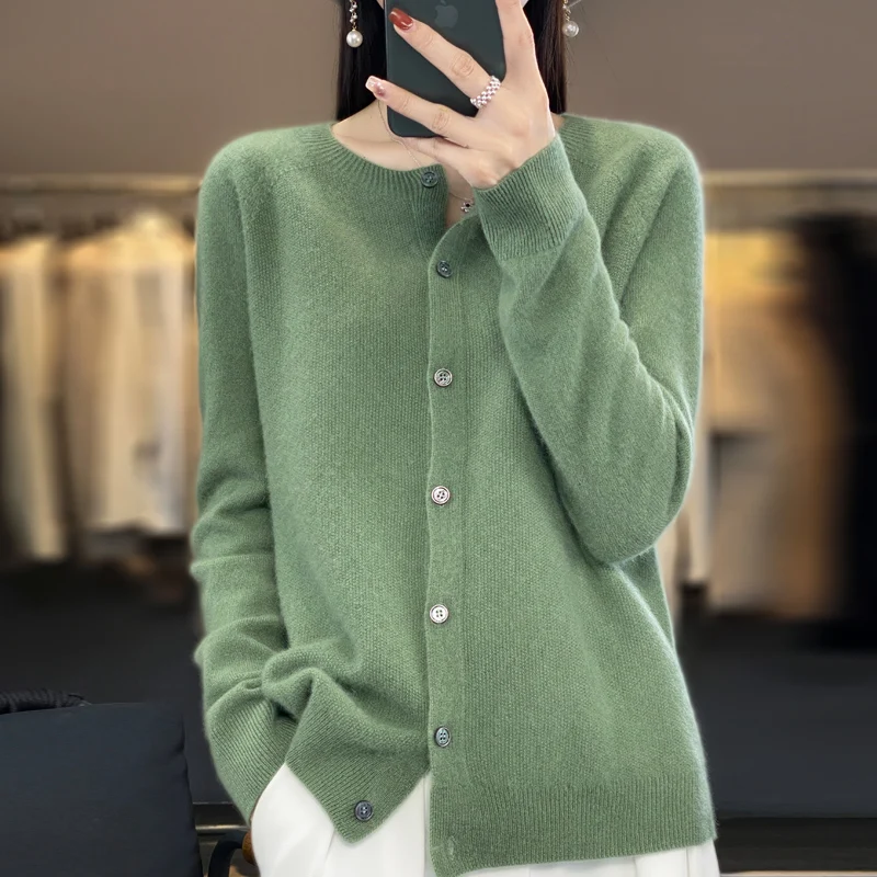 Top Trends: 2024Spring And Autumn New 100% Pure Merino Cashmere Sweater Women&#039;s O-neck Cardigan Loose Long-sleeved Sweater Top Shoppable Styles