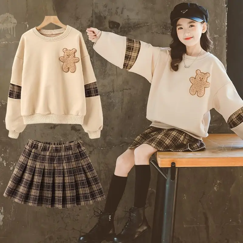 Top Trends: 2024 Autumn Winter Girls Clothes Teenager Bear Hoodie T Shirt + Plaid Spring JK Pleated Skirt Uniform 4 5 6 7 8 9 10 11 12 Year Shoppable Styles