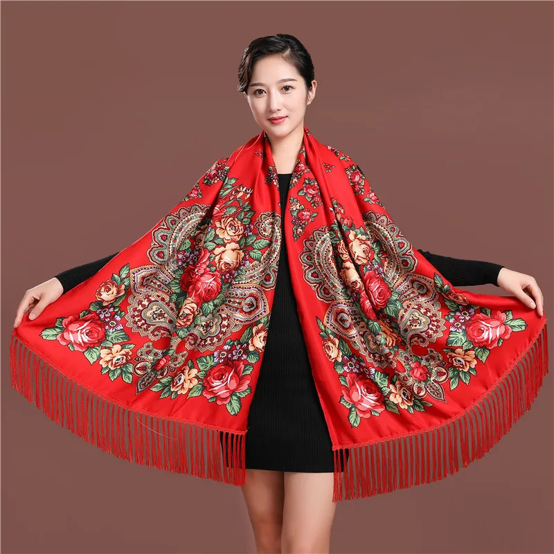 Top Trends: Russian Style Luxury Floral Printed Women Scarf Ethnic Fringed Shawl Babushka Hijab Head Wraps Lady Travel Sunshade Scarves Shoppable Styles - Image 3