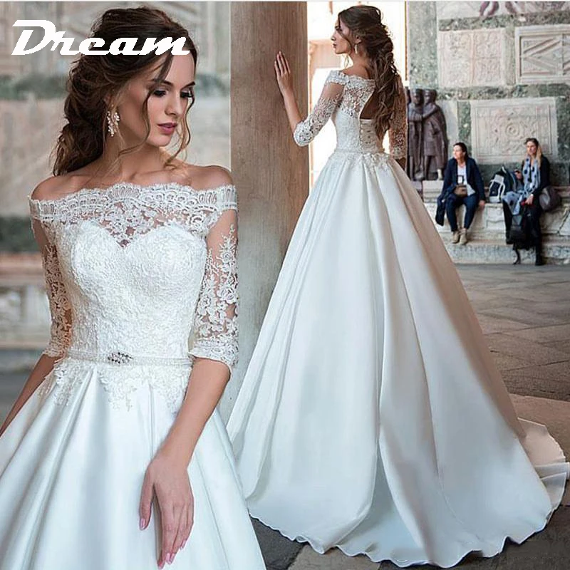 Top Trends: DREAM Princess Wedding Dresses Satin Lace Off The Shoulder Half Sleevs Bride Dresses Lace Up Back Bride Gown Vestido De Novia Shoppable Styles