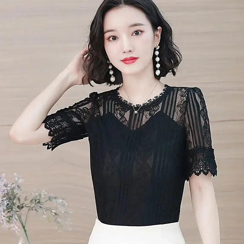 Top Trends: Elegant Lace Hook Flower Hollow Tulle Splic Striped Blouse Woman 2022 Summer New Office Lady Commute All-match Half Sleeve Shirt Shoppable Styles