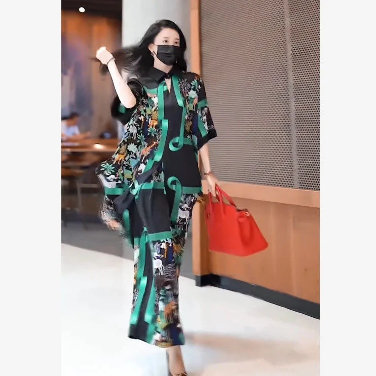 Top Trends: Fashion Wide-Leg Pants Suit Women Retro Print Oversize Long Dress + Pants 2PCS Mother Silky Silkworm Dress Sets 5XL Shoppable Styles