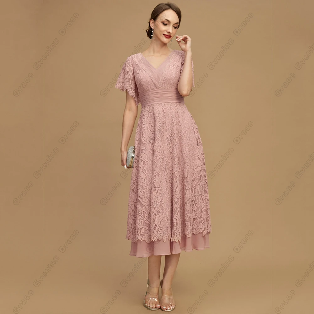 Top Trends: Pink Short Sleeve Mother Of Bride Dresses For Women Strapless Elegant Tea Length Wedding Party Gown With Lace Vestido De Noche Shoppable Styles