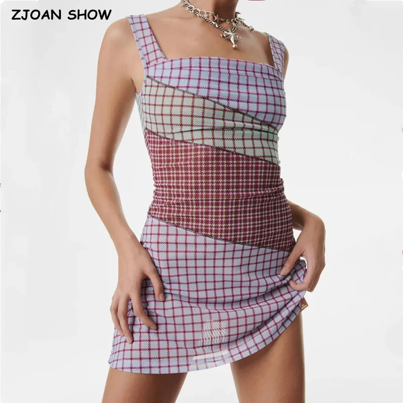 Top Trends: 2023 Sexy Ruched U Collar Contrast Color Plaid Print Mini Mesh Sling Dress Women Packages Hips A-lined Robe With Lining Shoppable Styles