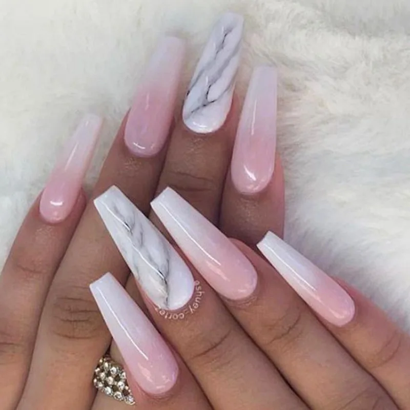 Top Trends: 24Pcs Marble Gradient Long Coffin False Nails Full Cover Nail Tips Press Glue Detachable Wearable Gold Foil Ballerina Fake Nails Shoppable Styles