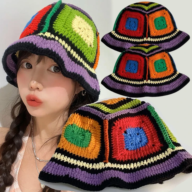 Top Trends: Colorful Rainbow Crochet Bucket Hat Women Spring Summer Sun Hat Handmade Knit Beanies INS Korean Cute Beanies Panama Cap Shoppable Styles