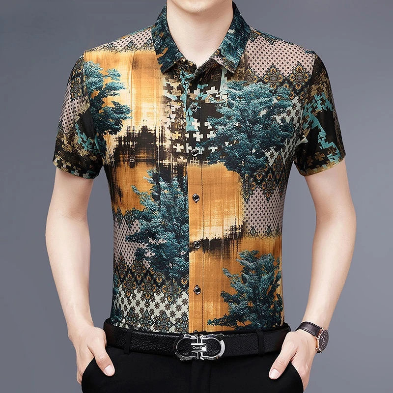 Top Trends: Y2k Vintage Men Summer Short Sleeve Floral Shirt Fashion New Printed Button Lapel Male Clothes Casual Loose Ice Silk Tops 2023 Shoppable Styles