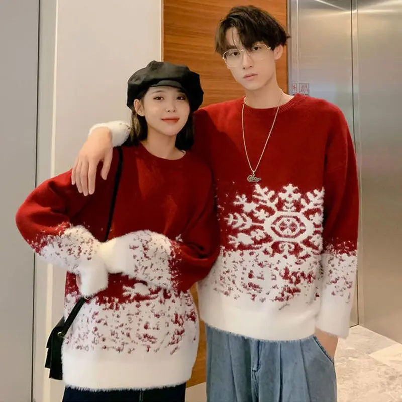 Top Trends: 2023 New Round Neck Red Couple Christmas Sweater Soft Thick Snowflake Pattern Ins Vintage Loose Pullovers Men's Winter Sweater Shoppable Styles - Image 5