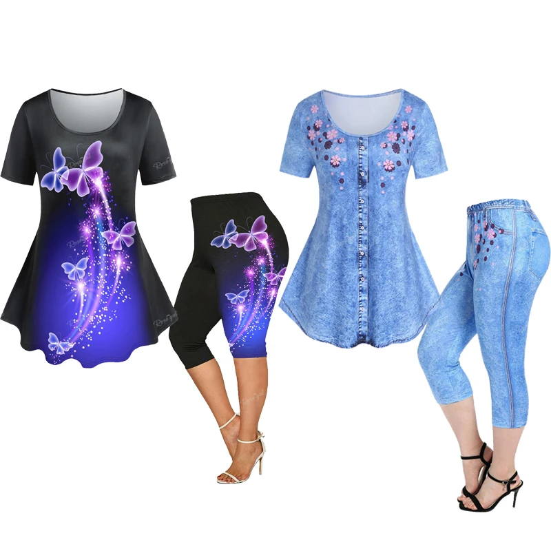 Top Trends: ROSEGAL Plus Size 3D Printed Tee And Capri Leggings Matching Set Size Is Too Large Butterfly Floral Pattern Women Outfits Shoppable Styles