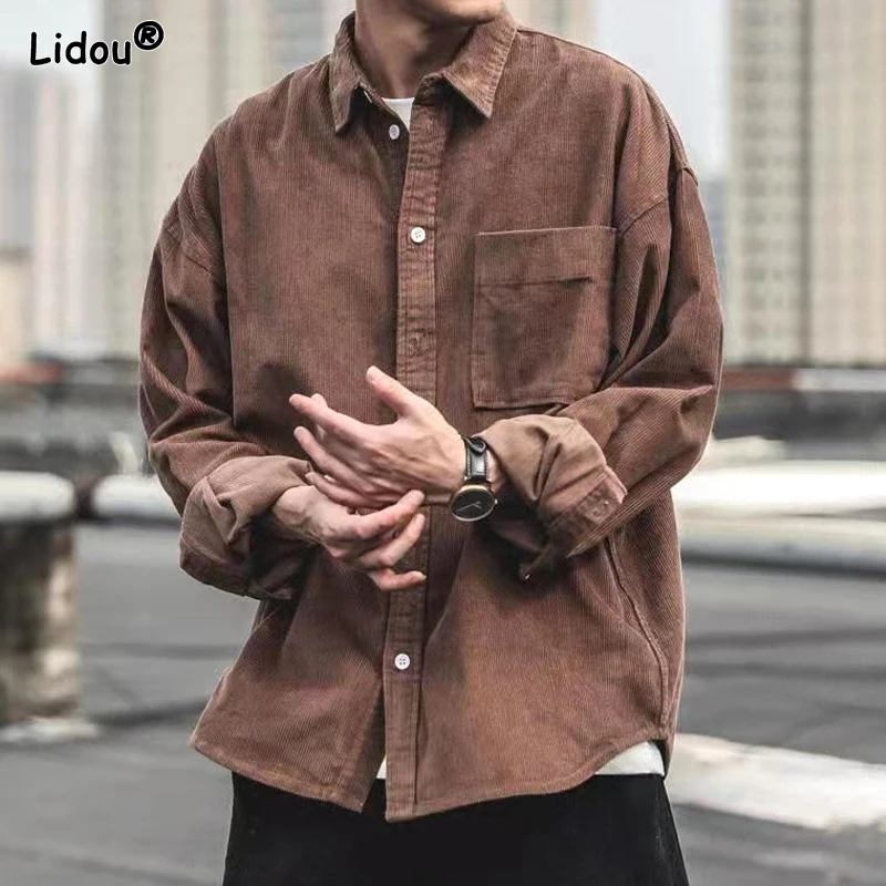 Top Trends: 2023 Autumn And Winter Trend Handsome Street Casual Loose Oversize Lapel Long Sleeved Solid Color Versatile Corduroy Men's Shirt Shoppable Styles