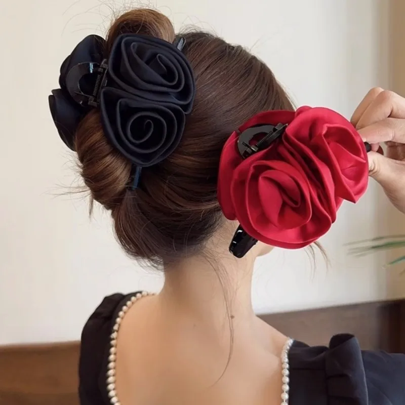 Top Trends: Elegant Vintage Satin Colour Rose Flower Hair Claw Ponytail Holder Hair Clip Hairpin Women Girl Barrettes Hair Accessories Shoppable Styles