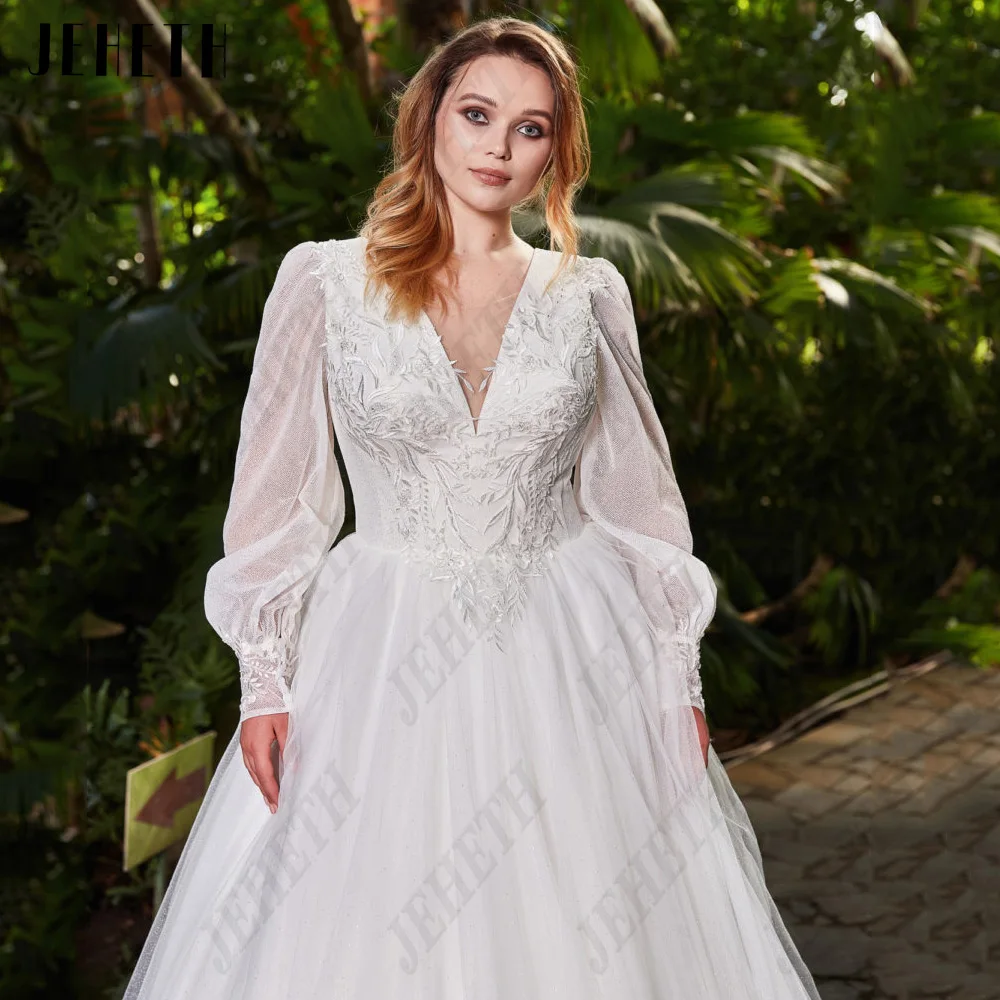 Top Trends: JEHETH Princess Wedding Dress For Woman Long Sleeves V-Neck Lace Up Bride Gowns Tulle A-Line Modern Plus Size Vestidos De Novia Shoppable Styles - Image 4