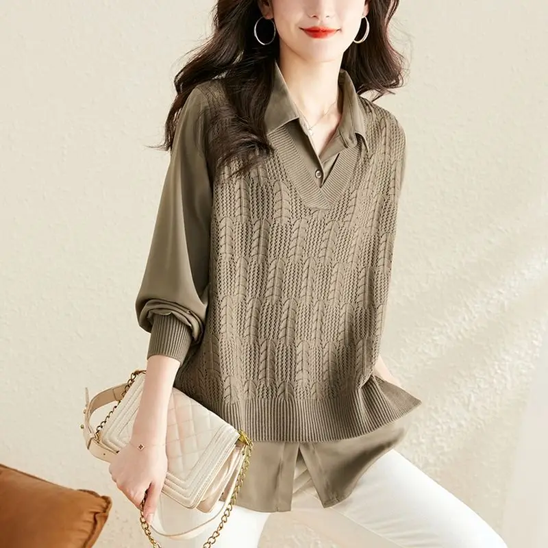 Top Trends: Office Lady Turn-down Collar Shirt Spring Autumn Basic Fake Two Pieces Stylish Knitted Patchwork Loose Korean Long Sleeve Blouse Shoppable Styles