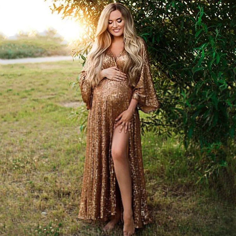 Top Trends: Sexy Maternity Photography Prop Dress SequinTransparent Side Slit Simple Boho Maxi Gown Pregnancy Women Photo Shoot Accessories Shoppable Styles