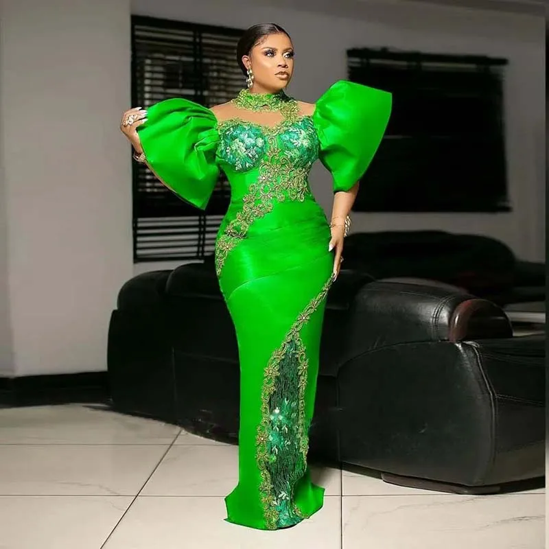 Top Trends: Aso Ebi Green Mermaid Prom Dresses Lace Appliques Puffy Sleeve African Girls Evening Gowns Women Formal Occasion Party Dress Shoppable Styles