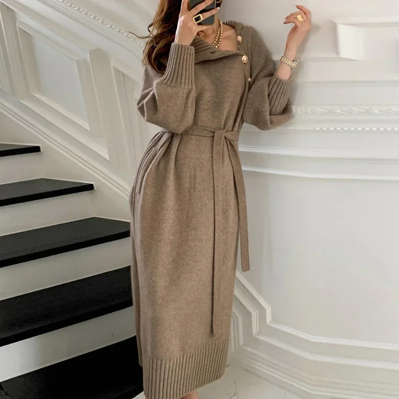 Top Trends: 2023 Autumn / Winter Women's Lace Up Long Dress French Style Elegant Button Knitted Dress Korean Fashion Vintage Sweater Vestidos Shoppable Styles