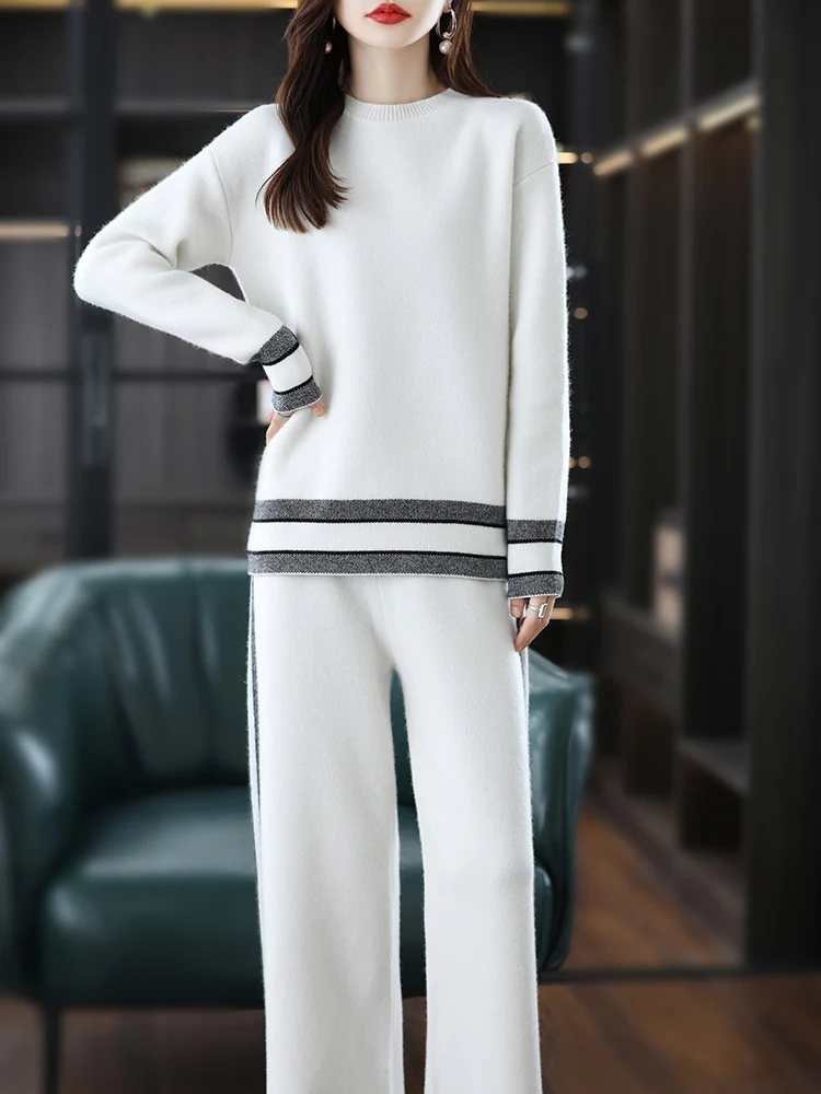 Top Trends: New Autumn And Winter Wool Knitted Suit Women&#039;s Two-Piece Thick Round Neck High-End Siping Sweater Wool Wide-Leg Pants Shoppable Styles