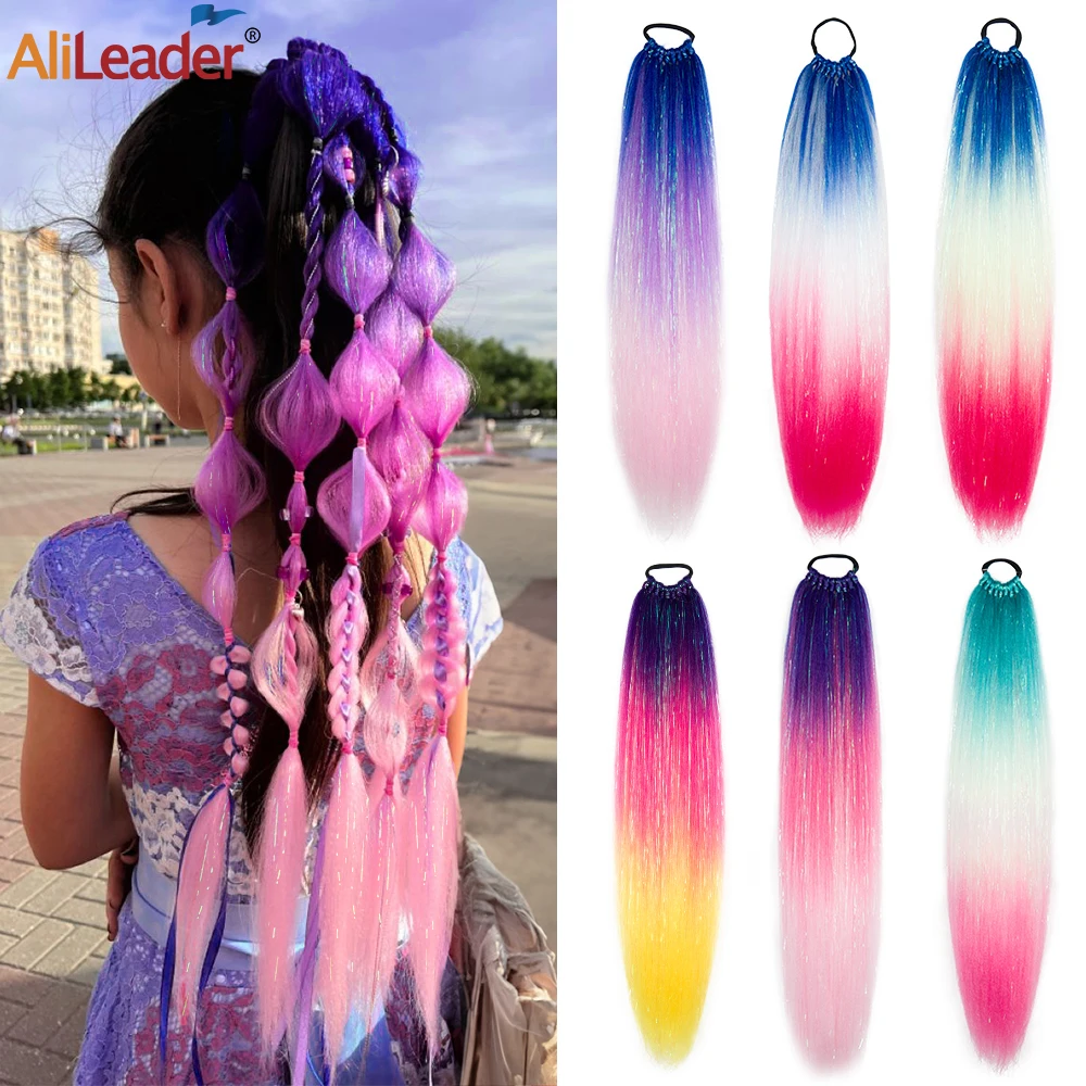 Top Trends: Alileader Synthetic Diy Hair Braids Ponytail With Rubber Bands 24 Inch Rainbow Glitter Tinsel Mixed Ponytail For Women Girls Kid Shoppable Styles